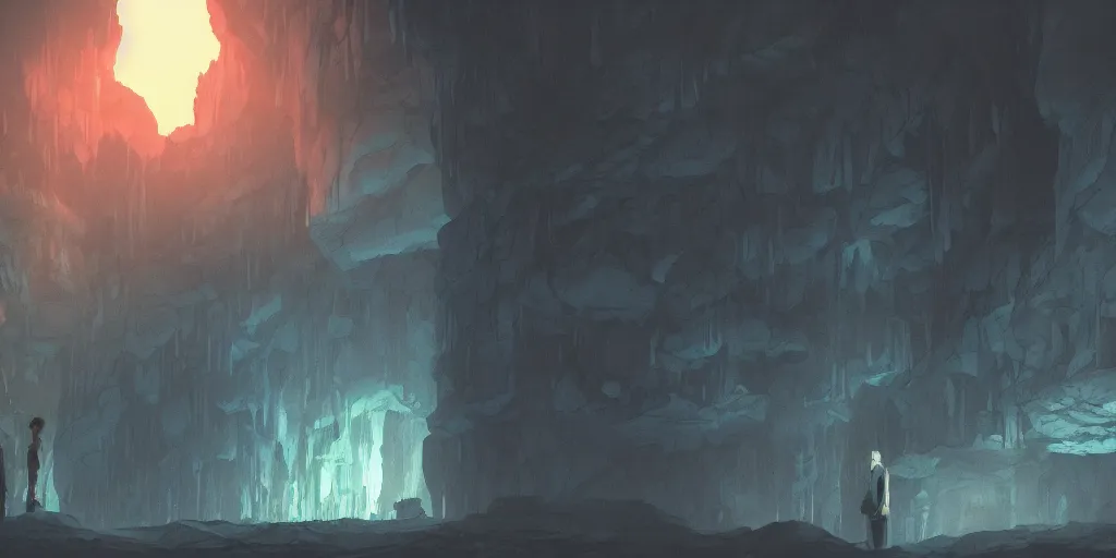 Image similar to an eerie deep and dark cave by makoto shinkai