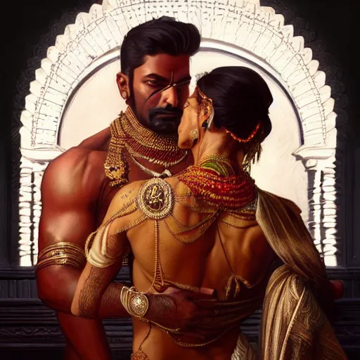 Image similar to portrait painting of dark muscular indian royal couple hugging from behind, ultra realistic, concept art, intricate details, eerie, highly detailed, photorealistic, octane render, 8 k, unreal engine. art by artgerm and greg rutkowski and alphonse mucha