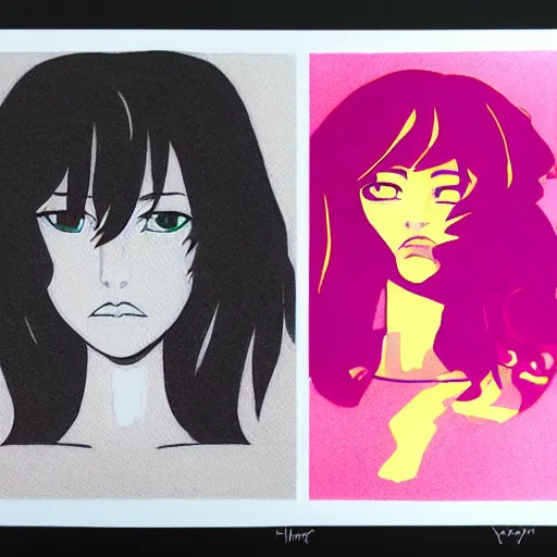 Prompt: risograph grainy painting of utena - like hero girl protagonist face, dull colors, with short hair, chiaroscuro, by moebius and dirk dzimirsky and satisho kon, velvet, close - up wide portrait, hyperrealistic