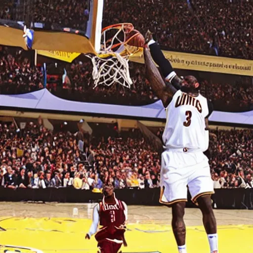 Prompt: lebron james dunking a baby into a basket hoop