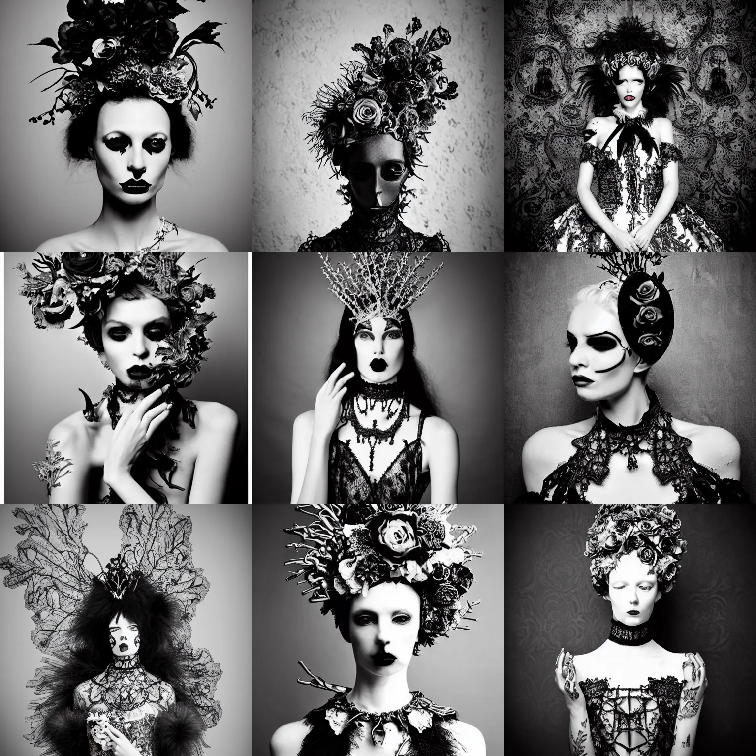 Prompt: surreal dark poetic black and white photo portrait of complex bio-mechanical beautiful young silver ice cream cone with a fur metal fine lace face, a very long neck and a fine metal floral foliage super big gothic lace collar and very high big floral crown with many black dry roses by Vivienne Westwood:: smoke, high fashion, haute couture, rococo, avant-garde, silver filigree details, anatomical, facial muscles, cable wires, microchip, elegant, dreamy, foggy atmosphere, hyper realistic, 150 mm lens, soft rim light, octane render, unreal engine, picture was taken in 1910 by Man Ray, volumetric lighting, dramatic light,8k,