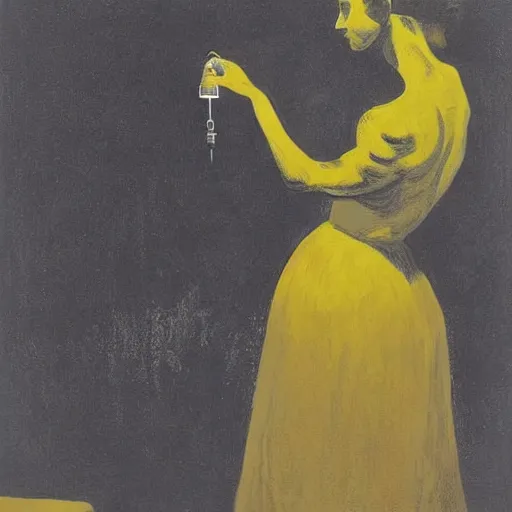 Prompt: A photograph. A rip in spacetime. Did this device in her hand open a portal to another dimension or reality?! dark yellow, lithograph by Isaac Levitan, by Paula Rego flowing, ominous