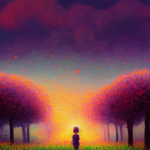 Prompt: girl with singular flower as a face, flower field, big trees, sunrise dramatic light, impressionist painting, colorful clouds, digital painting, pointillism, artstation, simon stalenhag