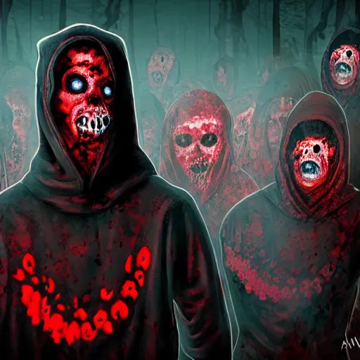 Prompt: a pale figure in a black hood, surrounded by zombies, with swirling glowing red magic, high quality, by anson maddocks, 4 k, digital art