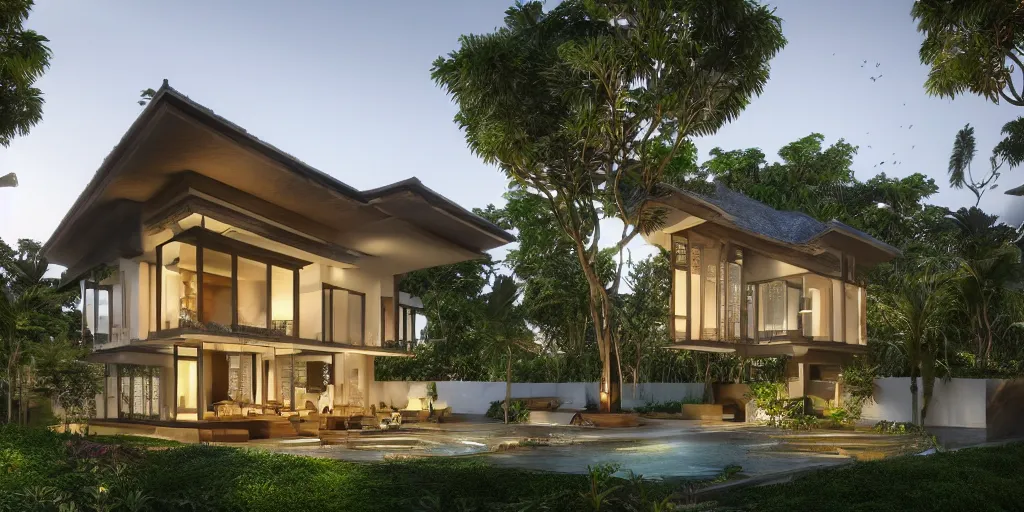 Image similar to 3d rendering of beautiful nature meets architecture concept of a residential house. balinese architecture, volumetric lighting, luxury, high detail, 14mm, cinematic photography, cg architects, high resolution