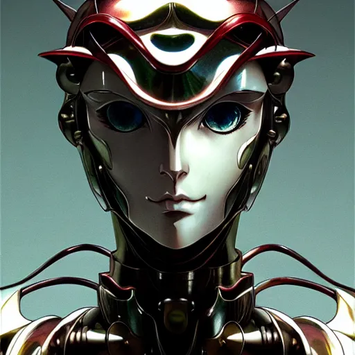 Image similar to prompt : photorealistic cinematic 3 d render of persona soft light painted by takato yamamoto, chrome mecha attributes and armor, inspired by ghost in shell anime, smooth face feature, intricate oil painting, high detail, sharp high detail, manga and anime 1 9 8 0
