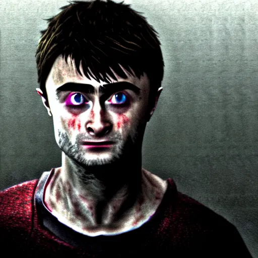 Image similar to the silent hill version of Daniel Radcliffe, he is already mutated, standing inside an asylum in silent hill, screaming, Extremely detailed, polaroid shot, Hip level shot, Medium close-up shot