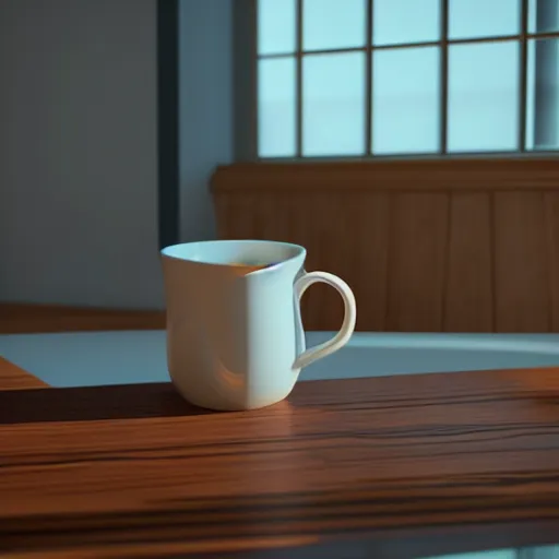 Image similar to White mug, hyperrealism, diffuse shadows, colored lighting, golden hour, unreal engine 5 tech demo, octane render, Frank Lloyd Wright ((Studio Ghibli))