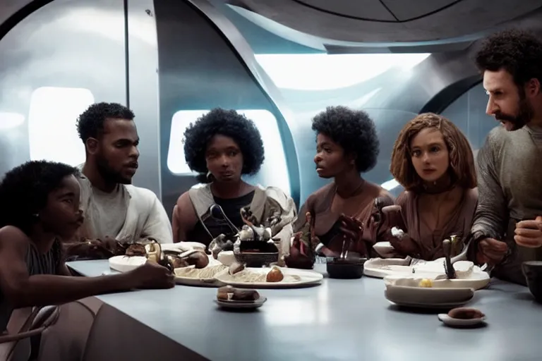 Image similar to movie closeup diverse interracial small team of European sci-fi futuristic space explorers talking at the table in a spaceship kitchen, beautiful skin, Symmetrical faces. Beautiful lighting by Emmanuel Lubezki