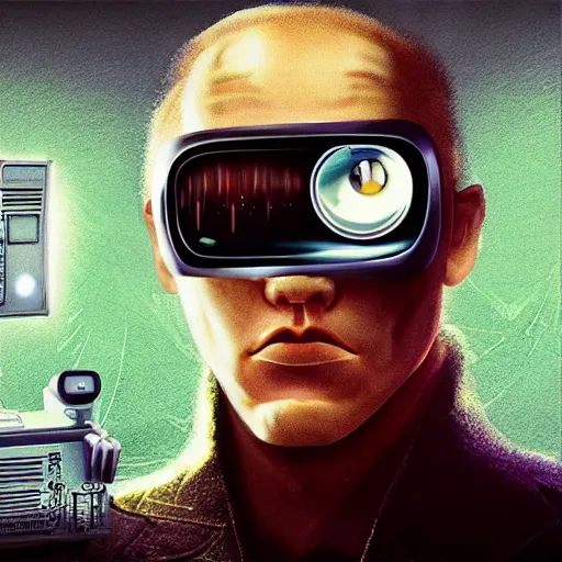 Image similar to a man with a vintage computer monitor for a head award winning cyber punk art, uncanny valley, detailed face, sci - fi book cover, retro futuristic,