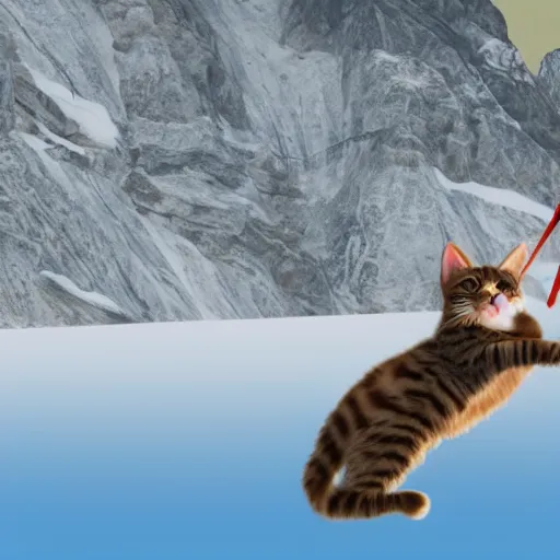 Prompt: screenshot of a cat parachuting down the mountainside in the alps