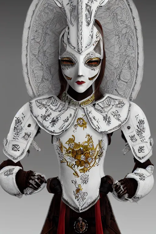 Image similar to female adventurer in tight full - body white embroidered leather armor of vyshyvanka design and a white porcelain crow mask, trending in artstation, ukrainian, establishing shot