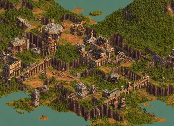 Prompt: isometric map of age of empires video game, procedural, top down, AOE2 , civilization, river, forest, cave, mountain, 3d map, woods, hills, buildings, snow, , digital art,realistic,detailed,art by greg rutkowski