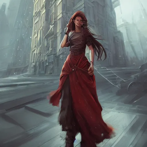 Image similar to a woman with long hair and with red long dress balancing with wind in urban scene, highly detailed, illustration, fantasy art, in the style of greg rutkowski, epic, fantasy, intricate, hyper detailed, artstation, concept art, smooth, sharp focus, ray tracing
