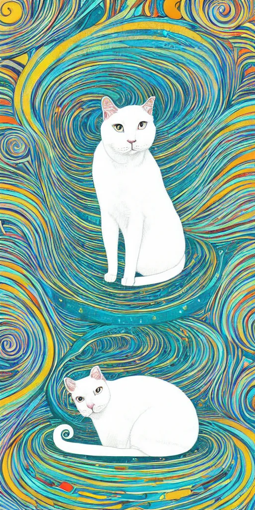 Prompt: white cat by victo ngai, in the style of amanda sage, background vibrant, coloured, mystical swirls, animal portrait