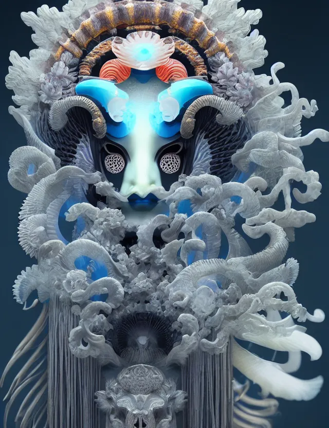 Image similar to 3 d goddess close - up frontal portrait with ram skull. beautiful intricately detailed japanese crow kitsune mask and clasical japanese kimono. betta fish, jellyfish phoenix, bio luminescent, plasma, ice, water, wind, creature, artwork by tooth wu and wlop and beeple and greg rutkowski