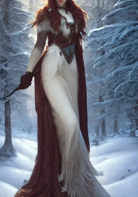 Image similar to sansa snow queen furry ice cold winter, intricate, elegant, highly detailed, digital painting, artstation, concept art, smooth, sharp focus, illustration, art by artgerm and greg rutkowski and alphonse mucha and william - adolphe bouguereau