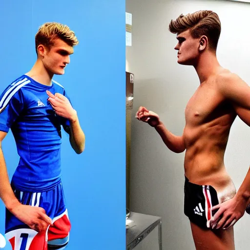 Image similar to a realistic detailed photo of a guy who is an attractive humanoid who is half robot and half humanoid, who is a male android, soccer players martin ødegaard & timo werner, shiny skin, posing like a statue, blank stare, in a factory, on display, showing off his muscles, gold soccer shorts, side view, looking at each other mindlessly