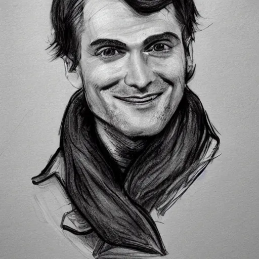 Image similar to a seafairing gay french man with a snooty smug smile, charcoal drawing, black and white, ink and paper, portrait, trending on artstation, behance, deviantart, drawn by tom lovell, artgerm, jsc, j. scott campbell