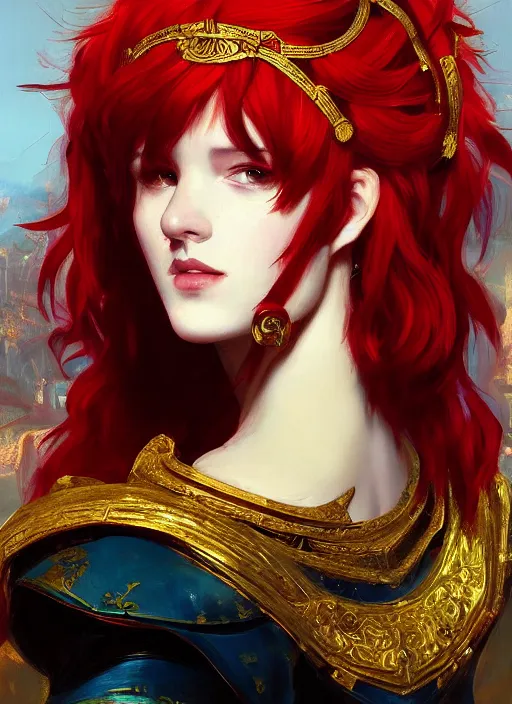 Image similar to portrait of an ancient roman character with red hair in incredible rich ornate armor, by ilya kuvshinov, by thomas lawrence, by bayard wu, trending on artstation, masterpiece