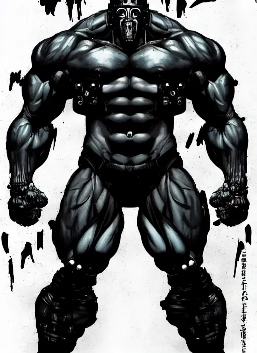 Image similar to full body portrait of an extremely muscular, very buff, huge mutant man with a creepy cybernetic mask. In style of Yoji Shinkawa and Hyung-tae Kim, trending on ArtStation, dark fantasy, great composition, concept art, highly detailed.