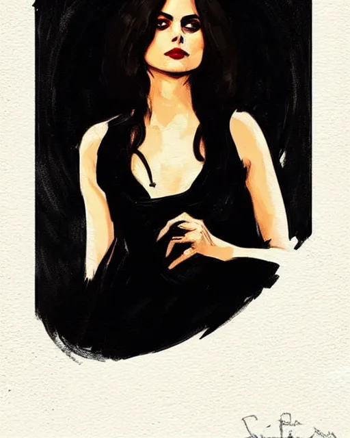 Image similar to style of rafael albuquerque, john singer sargent : : gorgeous willa holland : : evil witch, swirling black magic : : symmetrical face, symmetrical eyes : : full body pose : : gorgeous black hair : : magic lighting, low spacial lighting : :