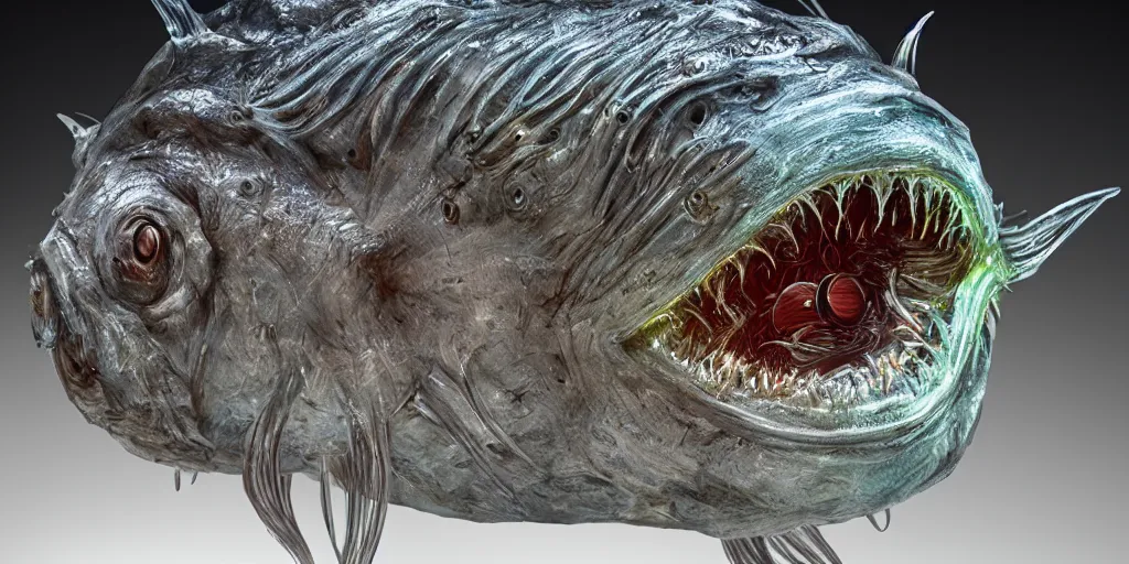 Image similar to angler fish sculpture, stylized layered shapes, long flowing fins, bioluminescent orbs, diffuse lighting, glowing eye, intricate, elegant, highly detailed, lifelike, photorealistic, digital painting, artstation, smooth, sharp focus, art by h r giger