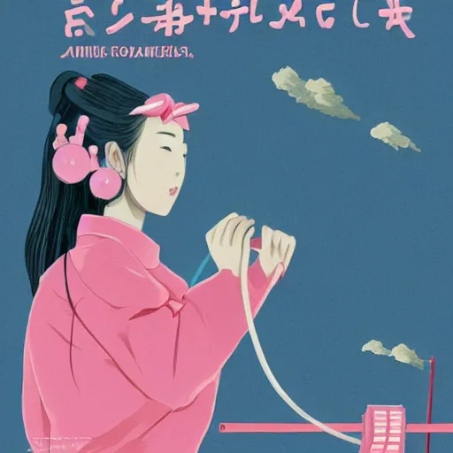 Image similar to a japanese woman battles pink robots, illustrated, detailed