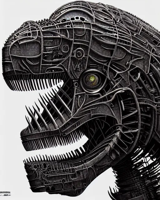 Image similar to mechanical robot trex transformer dinosaur head, bold line symmetrical illustration by peter gric, hr giger, kim jung gi, joe fenton, scifi, screen print, art station, zbrush, sharp, high contrast, ultrafine hyper detailed,