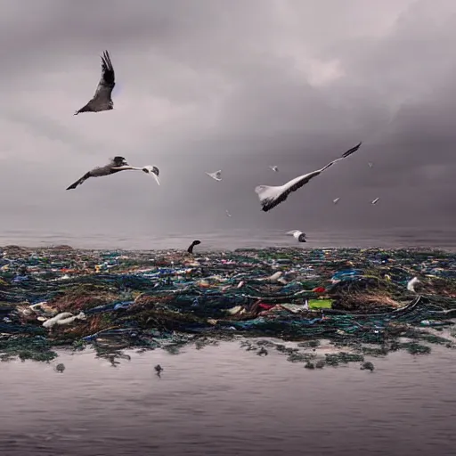 Image similar to on water, enormous huge piles of tyres and garbage floating as islands, seagulls flying in the forecasted sky, dramatic light, rainy weather, wet, detailed, wide shot, 8K mate painting, concept