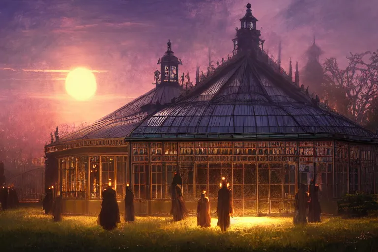 Image similar to an ornate victorian greenhouse, dark satanic ritual in front, scene in an open field. 1 8 9 0, key visual, conceptart, ambient lighting, highly detailed, digital painting, artstation, concept art, sharp focus, by makoto shinkai and akihiko yoshida and greg manchess