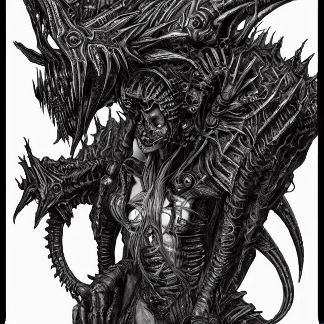 Prompt: an female humanoid dressed like a punk as a fusion of a dragon, a kaiju, and a deathclaw in the style of leonard boyarsky in the style of h. r. giger in the style of frank frazetta trending on artstation deviantart pinterest detailed hyper detailed photorealistic hd 8 k post - processing high resolution