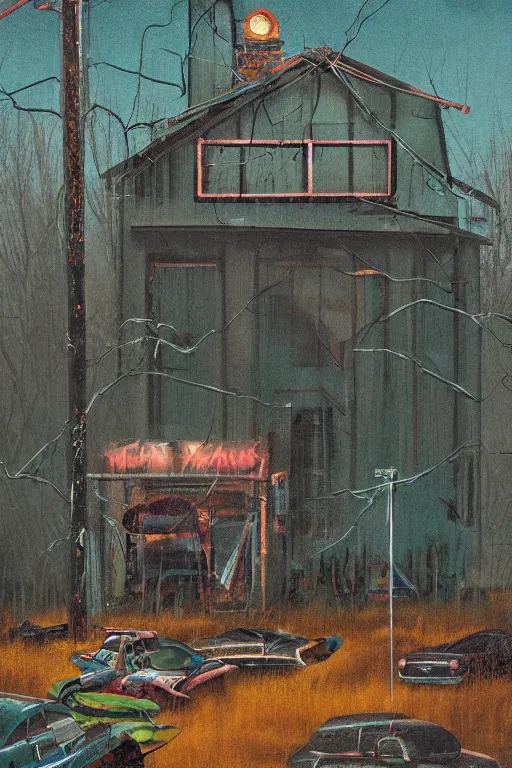 Image similar to scene fromlouisiana swamps, old protestant church with neon cross, junkyard by the road, boy scout troop, voodoo artwork by tim eitel