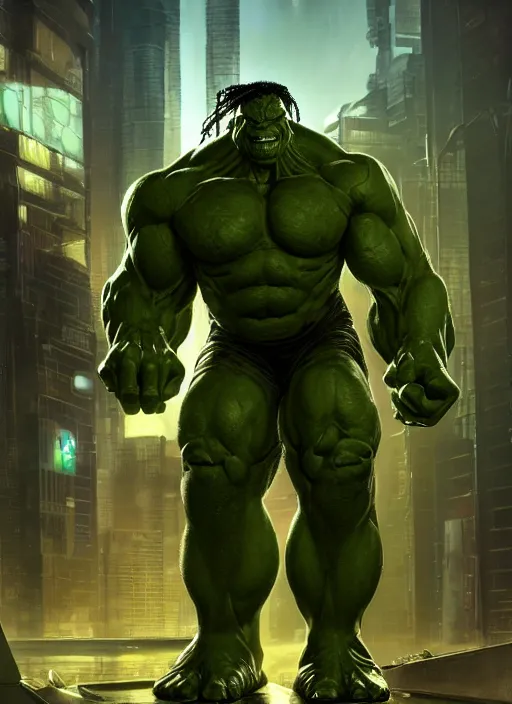 Image similar to cyberpunk scifi scene of a cybernetic modified hulk, cybernetic warrior in - plants, artstation, matt painting, very detailed, maximalism, ambient occlusion, volumetric light, atmospheric haze, unreal engine, hyper realism, realistic shading, cinematic composition, realistic render, octane render, detailed textures, photorealistic, wide shot