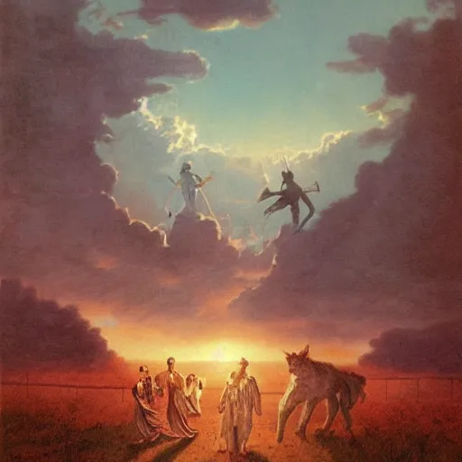 Prompt: group of 4 new adventurers, at a farm, morning, figure made of clouds in sky, fantasy, d & d, wayne barlowe