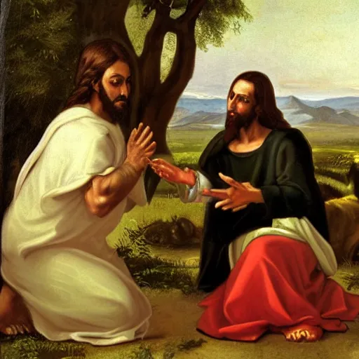 Prompt: painting of Jesus having a debate with a nymph