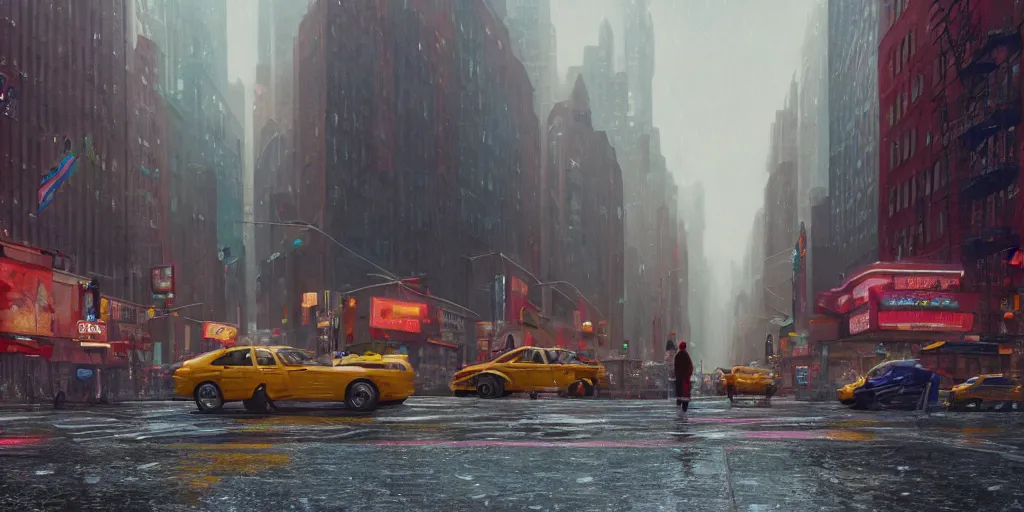 Prompt: a film still of a street scene on a rainy but colourful day in new york. wide shot, wes anderson, studio ghibli, pixar and disney animation, sharp, rendered in unreal engine 5, anime key art by greg rutkowski, bloom, dramatic lighting