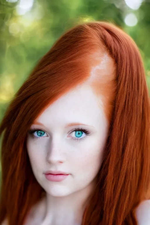 Image similar to a portrait of a redhead beautiful girl, green eyes, highly detailed, 3 5 mm f 1. 4 background silver fir