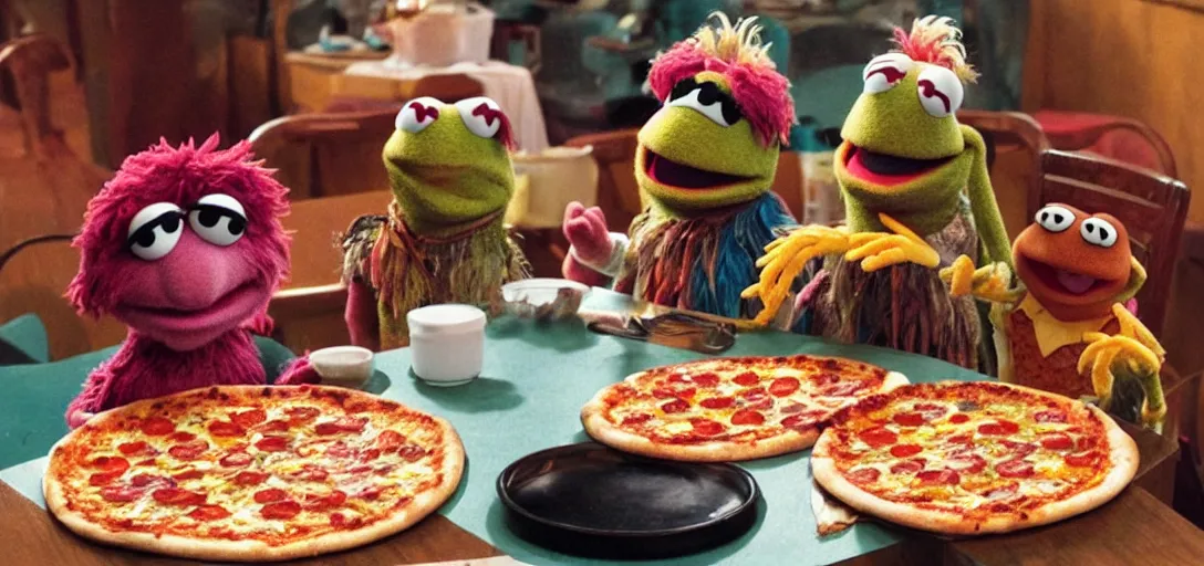 Image similar to an original muppet character sitting at a table with pizza in the style of the dark crystal