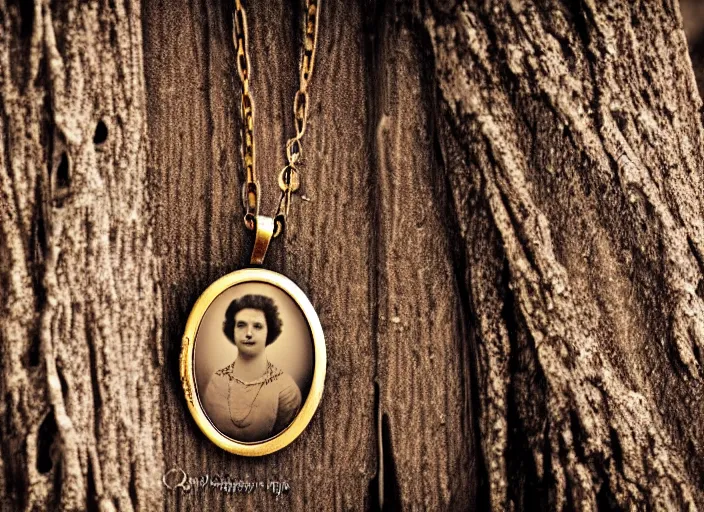 Prompt: old retro burnt out sepia photograph with scratches of a golden necklace with a hanging tiny slim open oval rusty golden locket pendant with a retro photo of an elegant and aesthetic woman royalty portrait. Hanging off a branch in the forest with trees visible in the background with bokeh. Antique. High quality 8k. Intricate. Sony a7r iv 35mm. Award winning