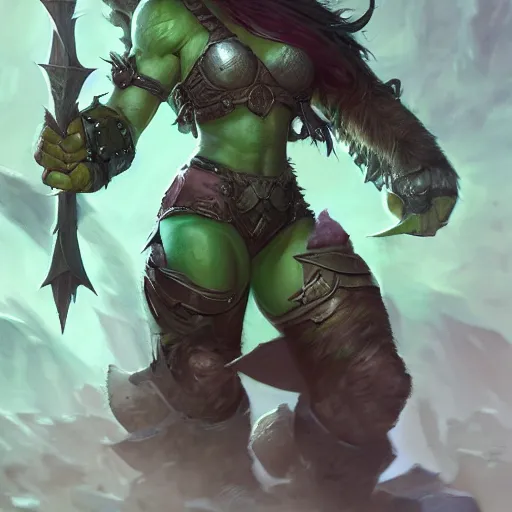 Image similar to a full character portrait of a toned physique green orc woman with a ponytail in full plate armor, world of warcraft, by greg rutkowski, wlop, astri lohne, wei wang, trending on artstation