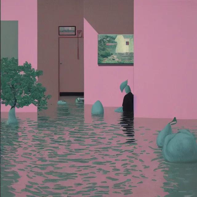 Image similar to painting of flood waters inside an apartment, pastel pink, tall female emo art student, a river flooding through a wall, tangelos, zen, pigs, ikebana, water, river, rapids, waterfall, black swans, canoe, pomegranate, berries dripping, acrylic on canvas, surrealist, by magritte and monet