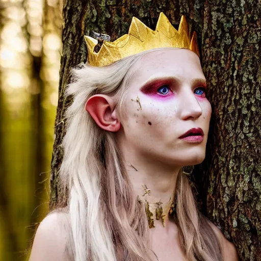 Image similar to A profile of a beautiful elf queen wearing three concentric crowns, golden hair, freckles, war paint, stunning makeup, serious stern look, forest background, magical glowing earrings, incredible detail, professional digital art, Sigma 85mm f/1.4, 4k