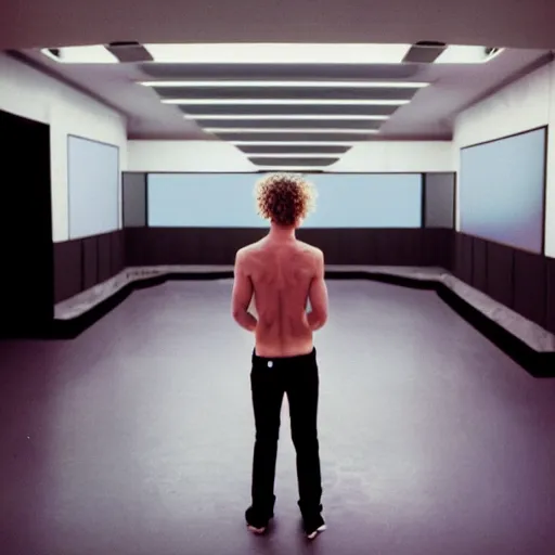 Image similar to kodak portra 4 0 0 photograph of a skinny blonde guy standing in a room with floor to ceiling hypno tv screens, back view, moody lighting, telephoto, 9 0 s vibe, blurry background, vaporwave colors!, faded!,