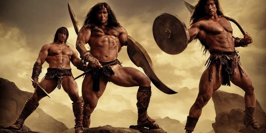 Image similar to hyperrealistic mixed media action scene of Conan the barbarian raising his sword for battle in leather boots and a loincloth, forward angle, stunning 3d render inspired art by Frank Frazetta and Simon Bisley, extremely muscular male hero + perfect facial symmetry + perfect muscle anatomy + perfect bodily proportions + dim volumetric lighting, 8k octane beautifully detailed render, post-processing, extremely hyperdetailed, intricate complexity, epic composition, grim yet sparkling atmosphere, cinematic lighting + masterpiece, trending on artstation