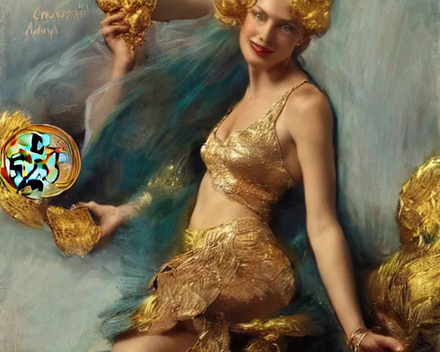 Image similar to attractive woman holding a golden bitcoin, commercial by annie liebovitz, gaston bussiere, craig mullins, j. c. leyendecker