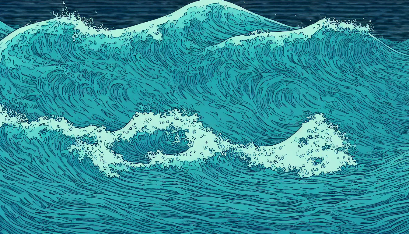 Image similar to ocean wave, land in sight by Kilian Eng, minimalist, detailed