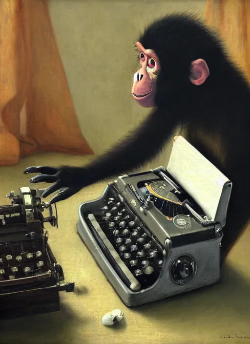 Image similar to medium shot, cinematic, cute realistic orange monkey is typing on the remingtone typewriter, enhancements, soft lighting, by john ward, by arthur walker, by vermeer, by monet, oil on canvas, royal academy, masterpiece, trending on artstation, cinematic composition, dramatic pose, beautiful lighting, sharp, details, hyper - detailed, hd