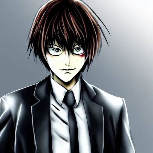 Image similar to light yagami from death note wearing a black suit, dark lighting, sinister, anime, 4k, professional anime artwork,