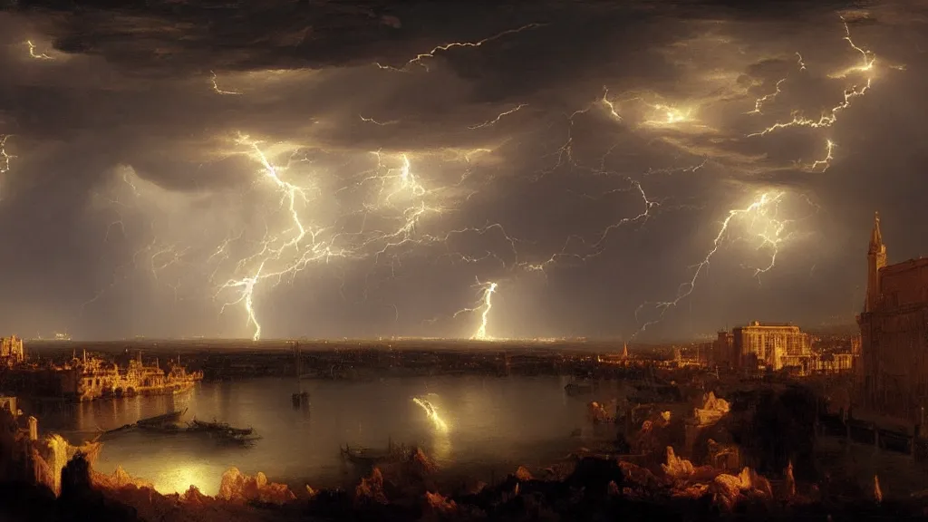 Image similar to Madrid painted by Thomas Cole with dramatic lightning, concept art, matte painting, 8k, highly detailed, artstation